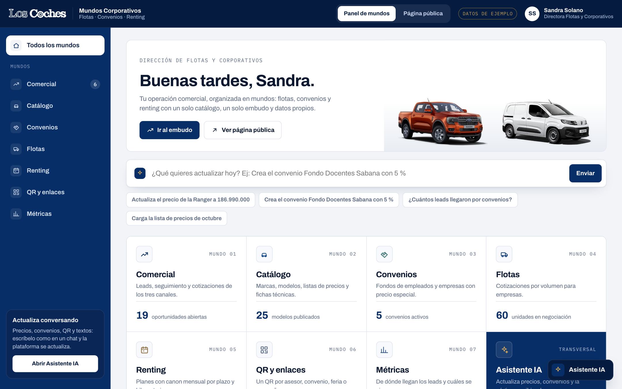 Panel de mundos de la demo: Comercial, Catálogo, Convenios, Flotas, Renting, QR, Métricas y Asistente IA